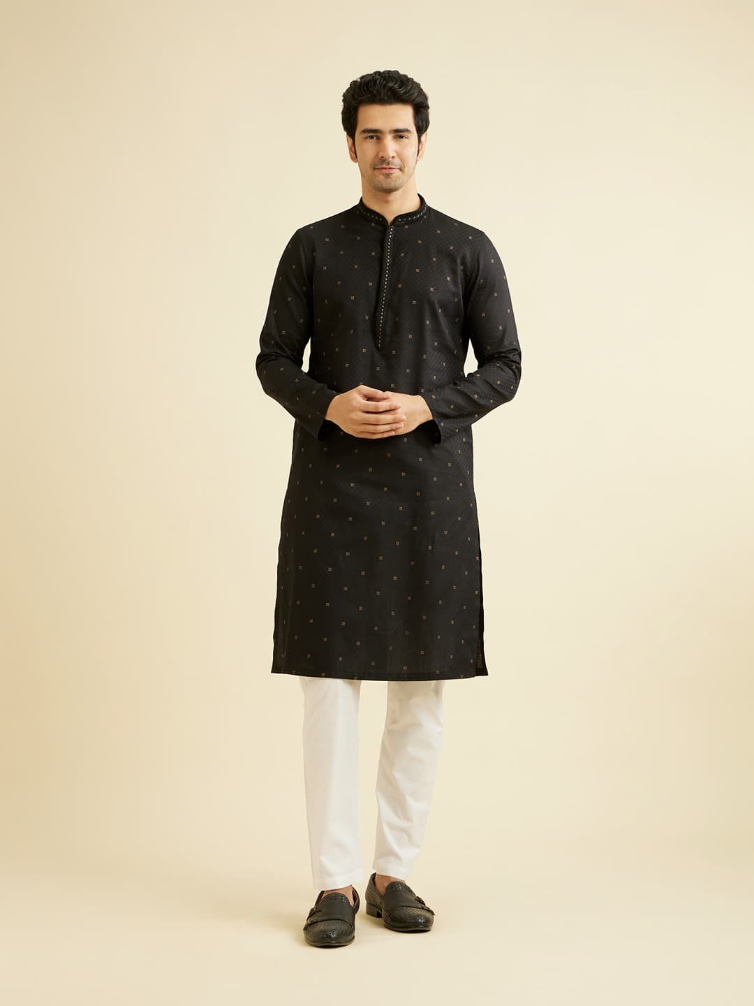 Men's Ebony Black Kurta Set with Embroidered Neckline