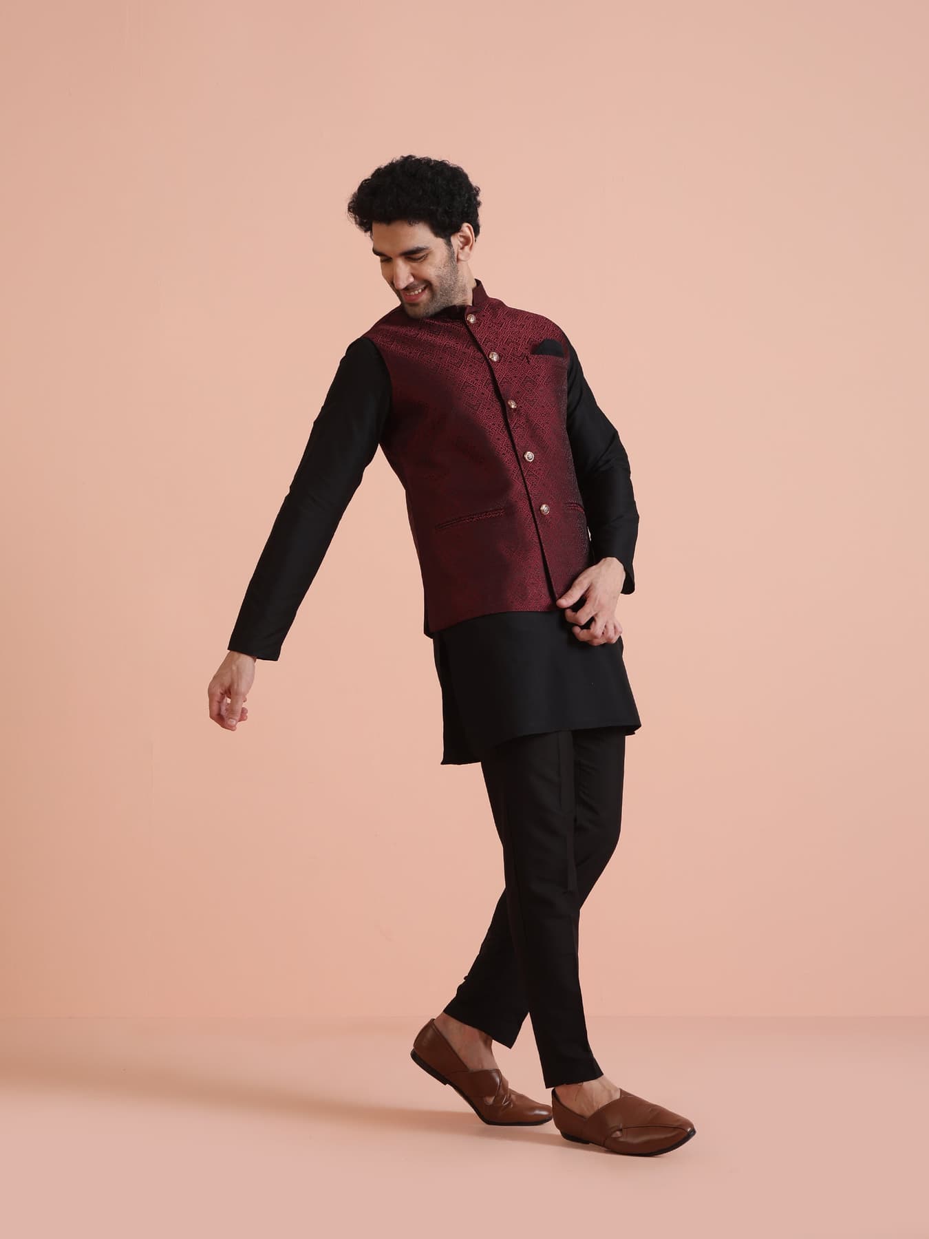 Men's Red Party Jacquard Silk Blend Kurta Jacket Set