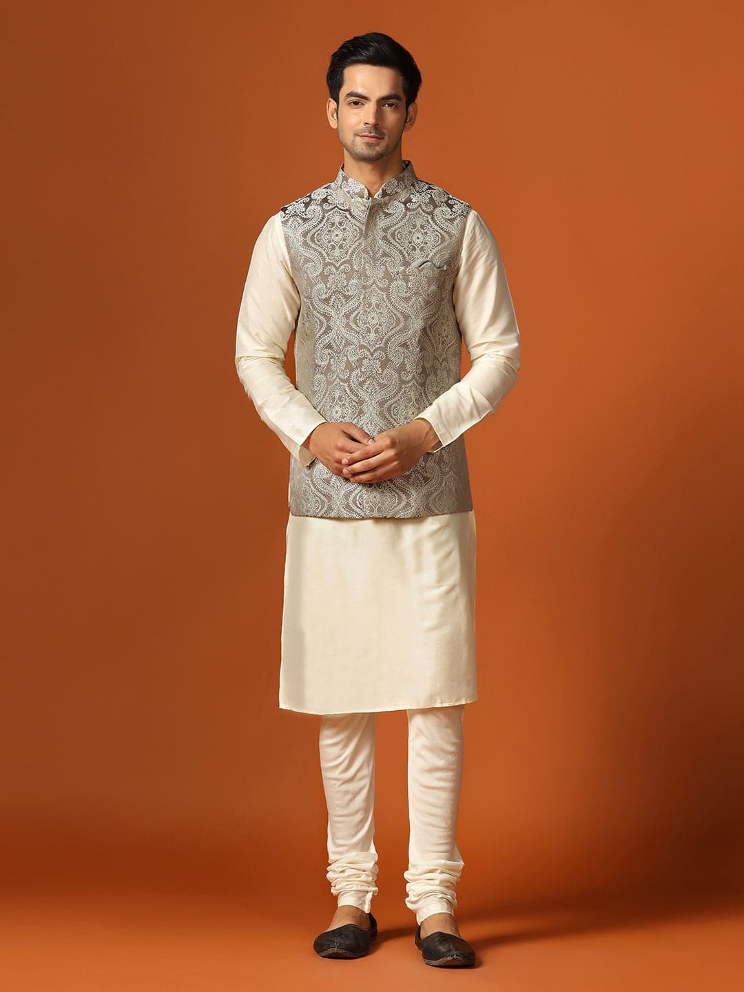 Men's Beige Party TextuRed Party Jacket Cream Party Kurta Churidar Set