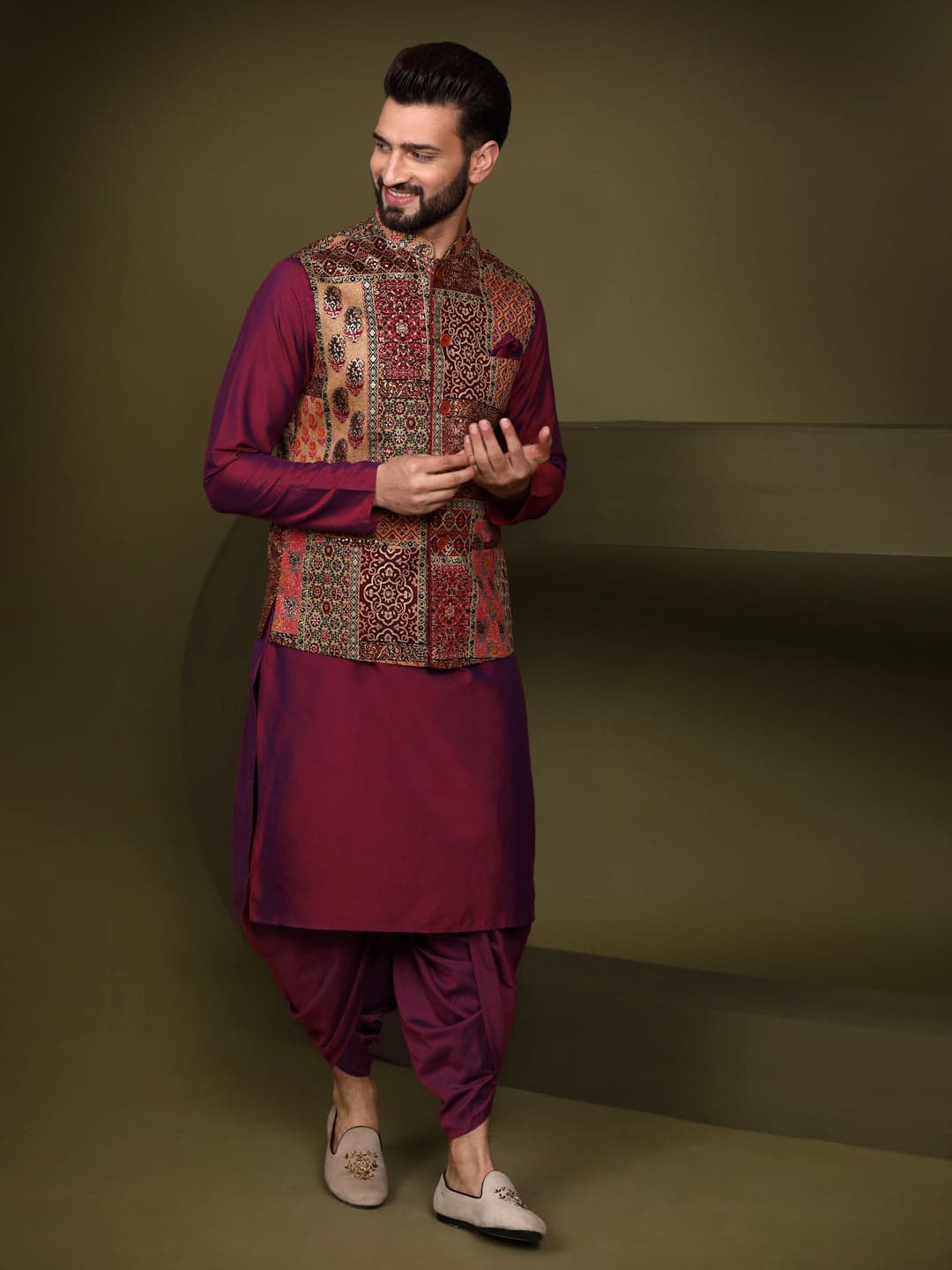 Men's Red Party Silk Blend EmbroideRed Party Jacket Set with Dhoti