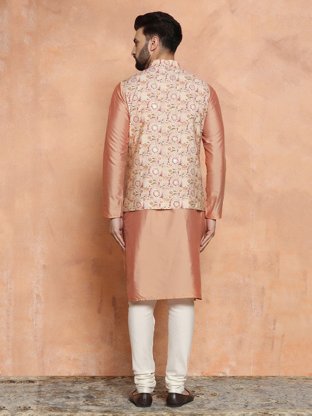 Men's Pink Party Silk Blend EmbroideRed Party Jacket Set with Kurta & Churidar