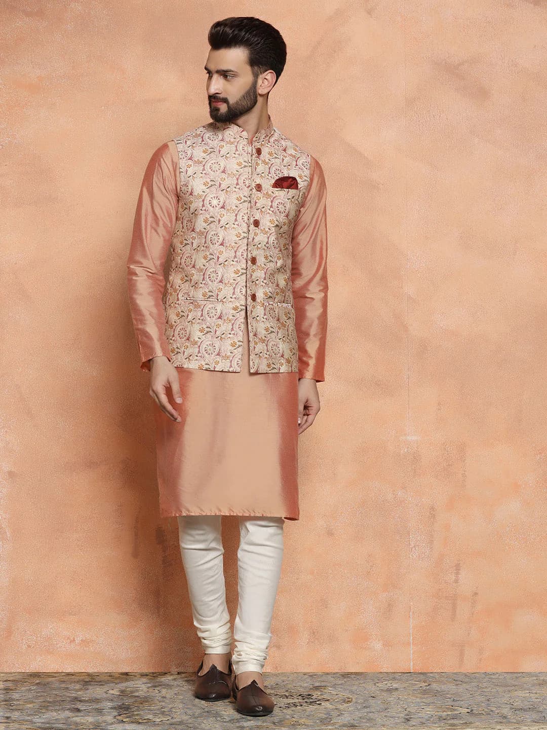 Men's Pink Party Silk Blend EmbroideRed Party Jacket Set with Kurta & Churidar