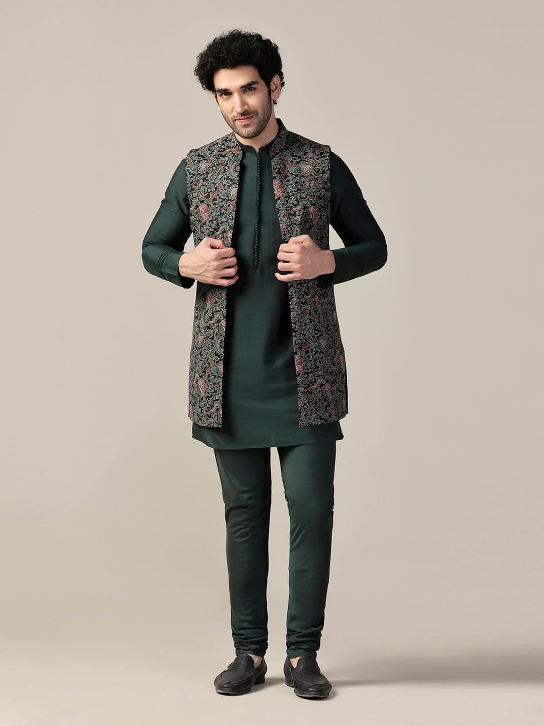 Men's Multicolor Party Silk Blend Printed Nehru Jacket Set