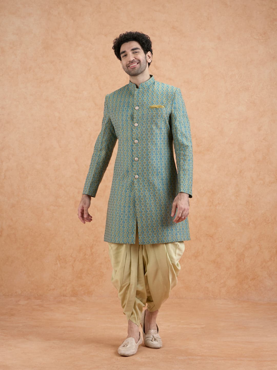 Men's Green Party Brocade Sherwani with Dhoti