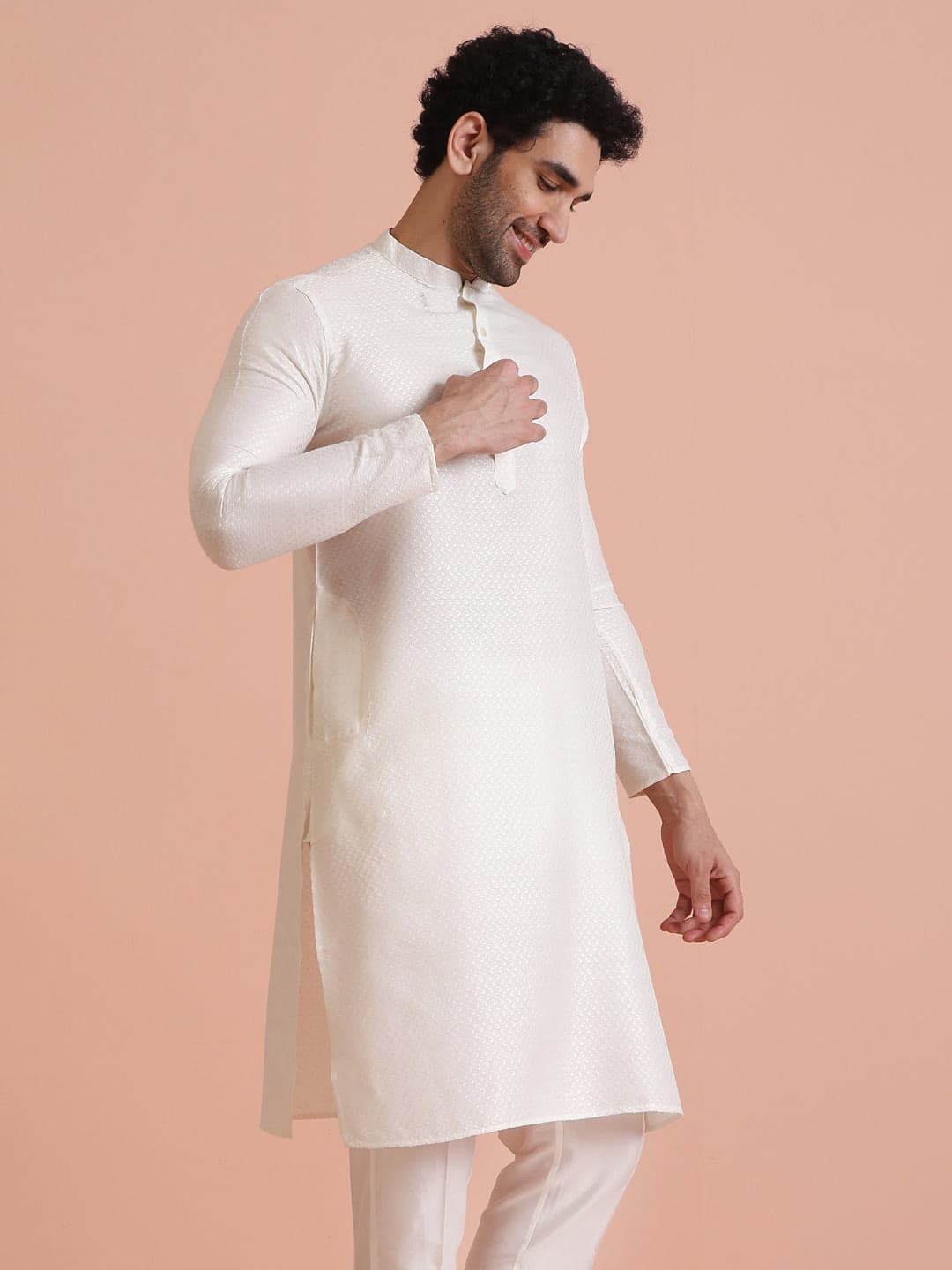 Men's White Jacquard Silk Blend Textured Long Festive Kurta