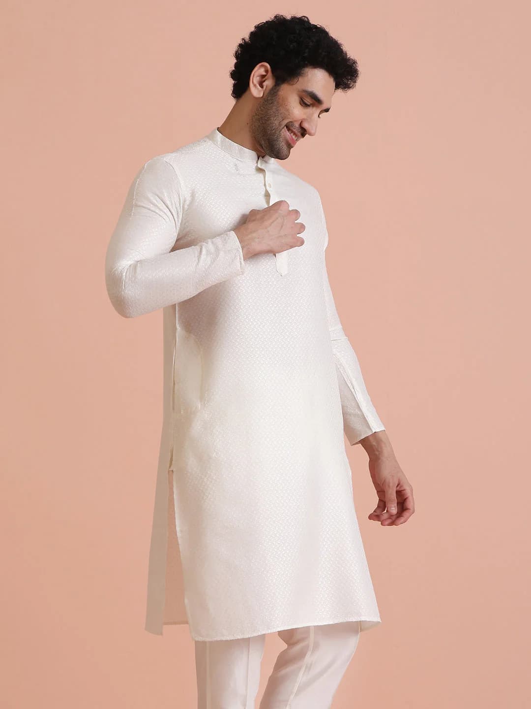 Men's White Jacquard Silk Blend Textured Long Festive Silk Kurta