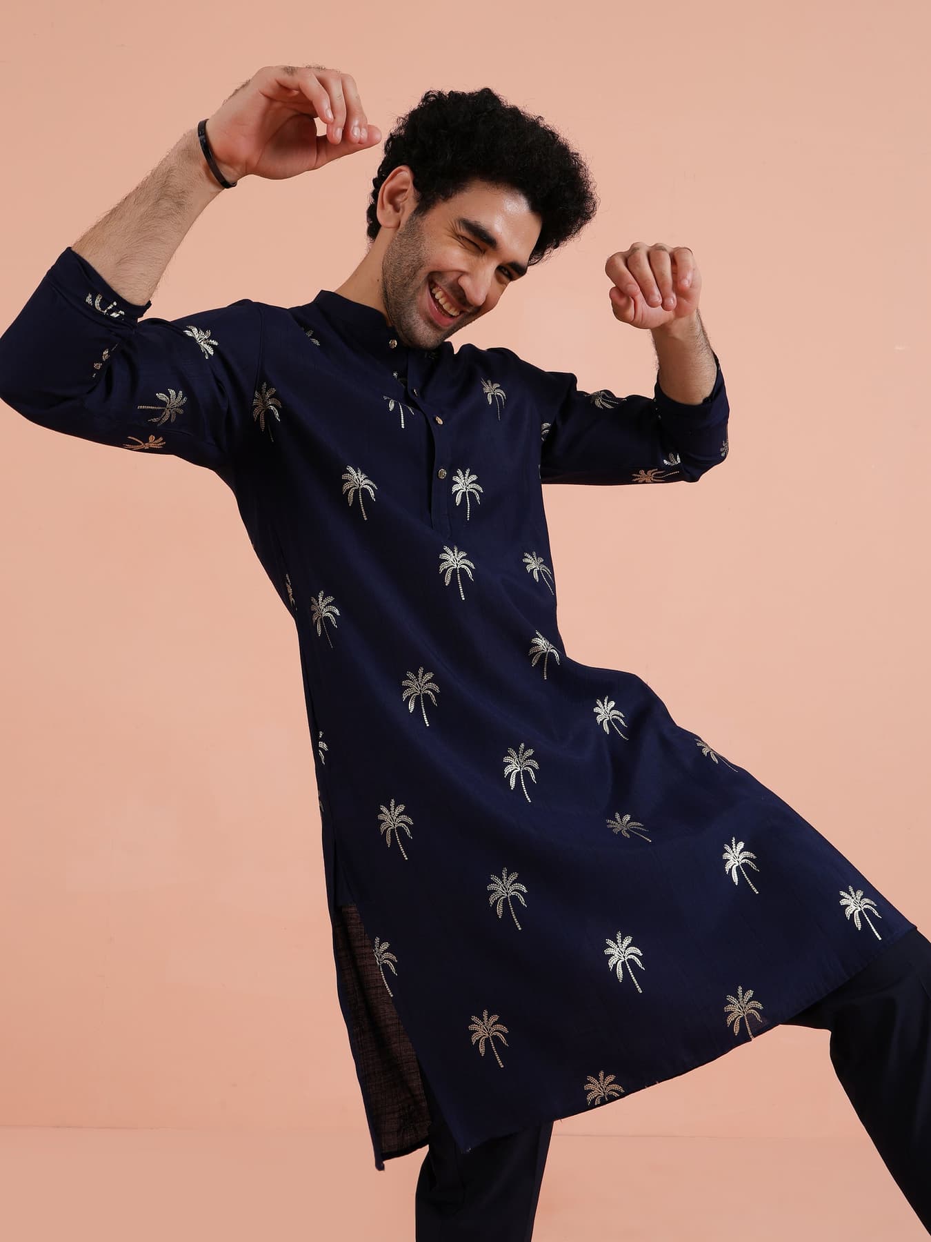 Men's Navy Festive Kurta with Palm Embroidery