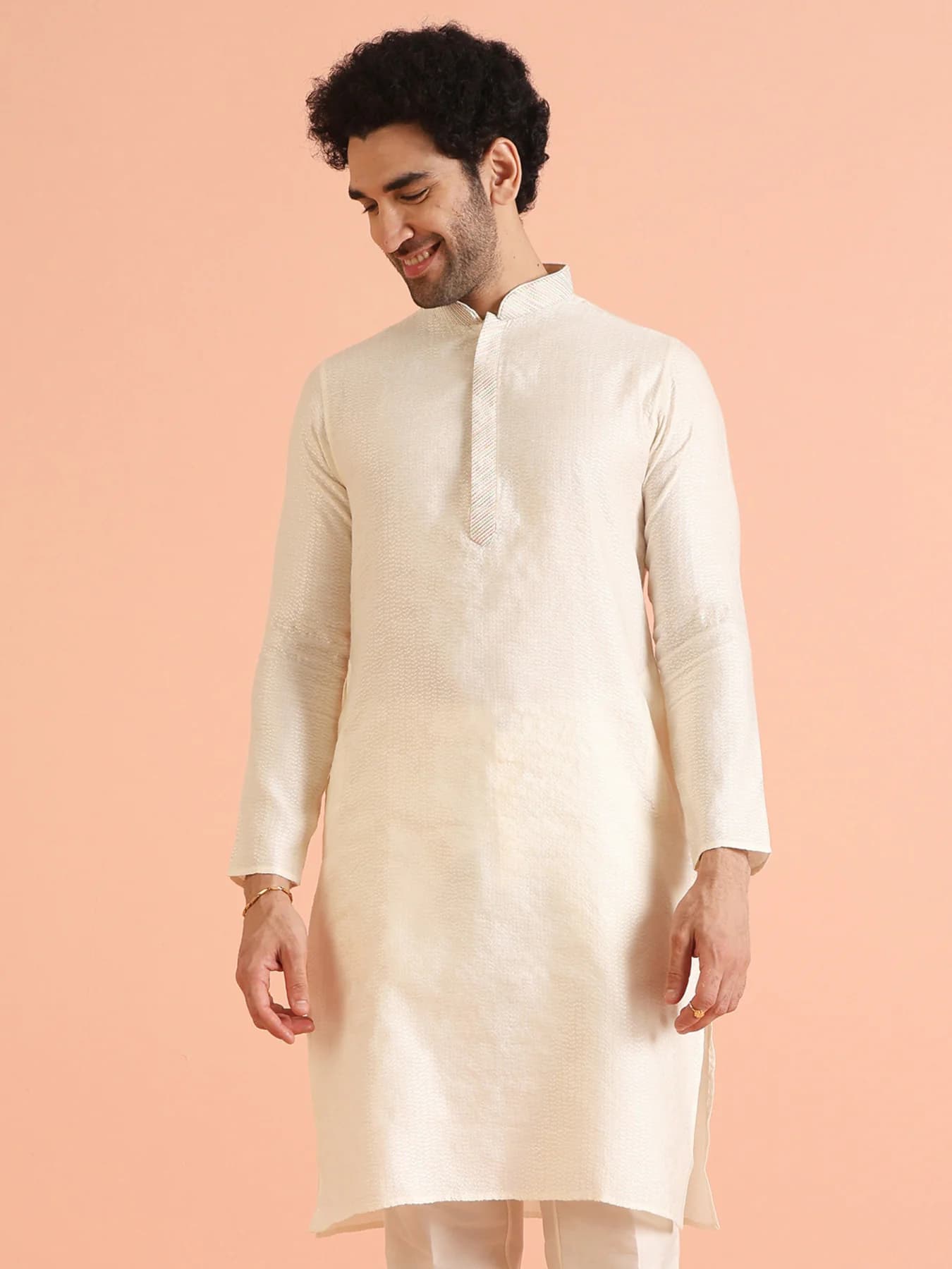 Men's Cream Silk Blend Textured Festive Silk Kurta with Mandarin Collar