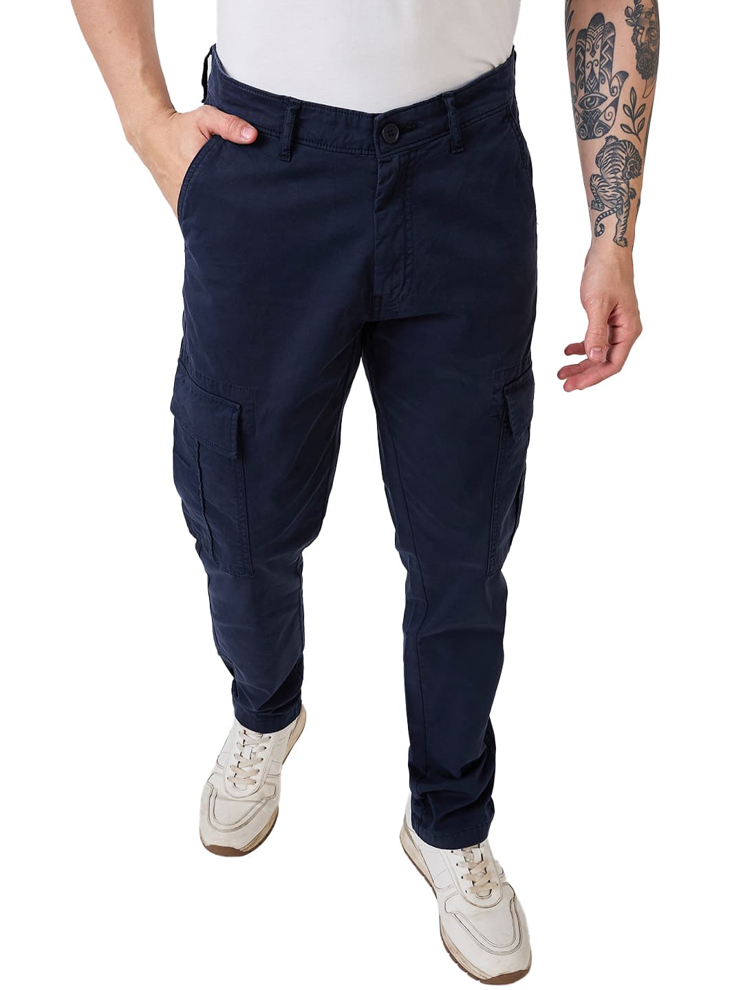 Men's Navy Casual Solid Regular Fit Cargo