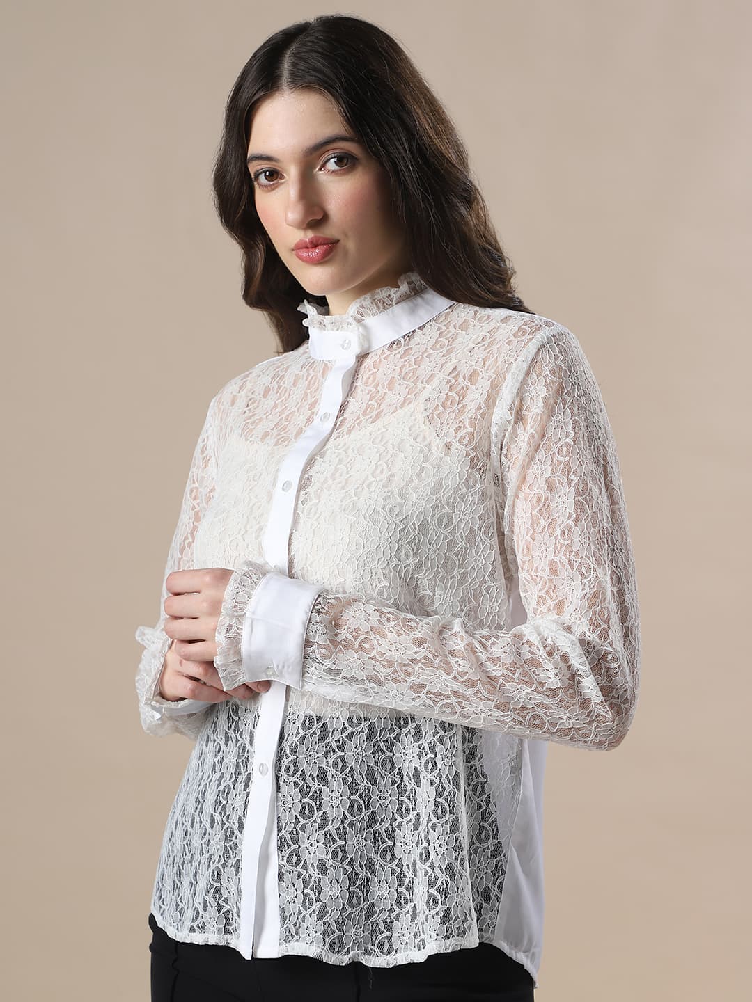 Women's White Floral Lace Self Design High Neck Cuffed Sleeves Party Shirt