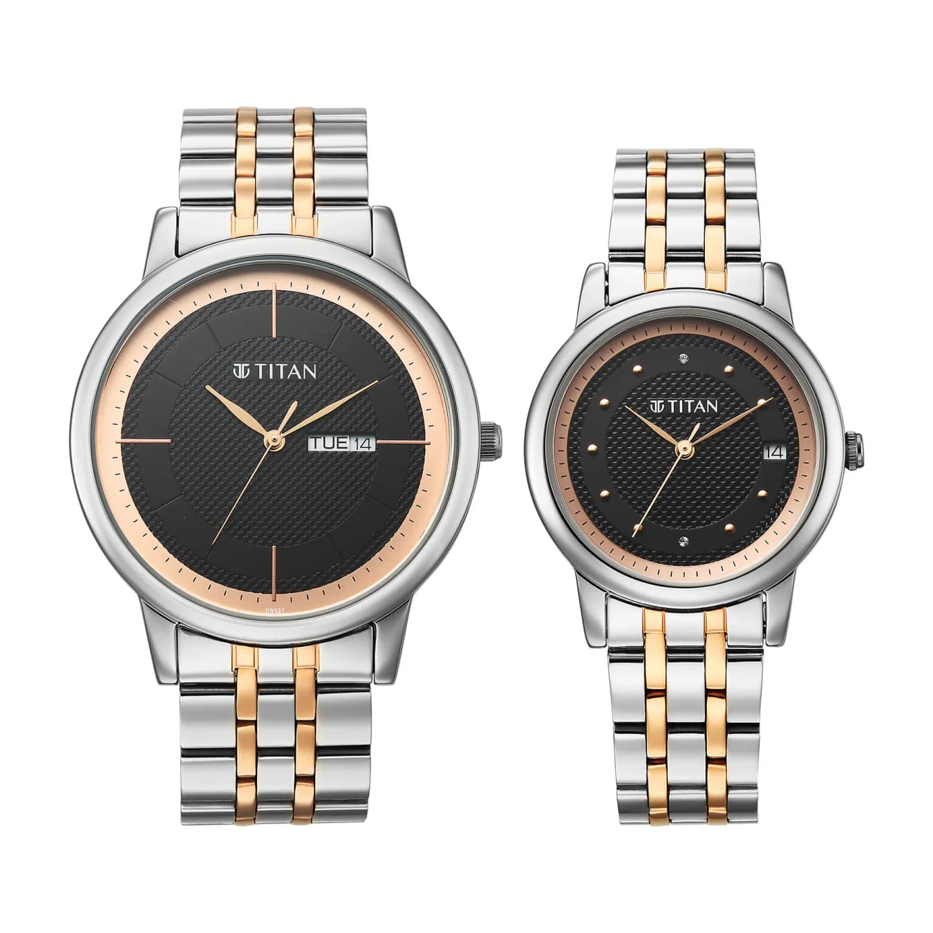 Bandhan Eternal Pair Analog with Date and Black Dial Dual Tone Stainless Steel Strap Watch for Couples