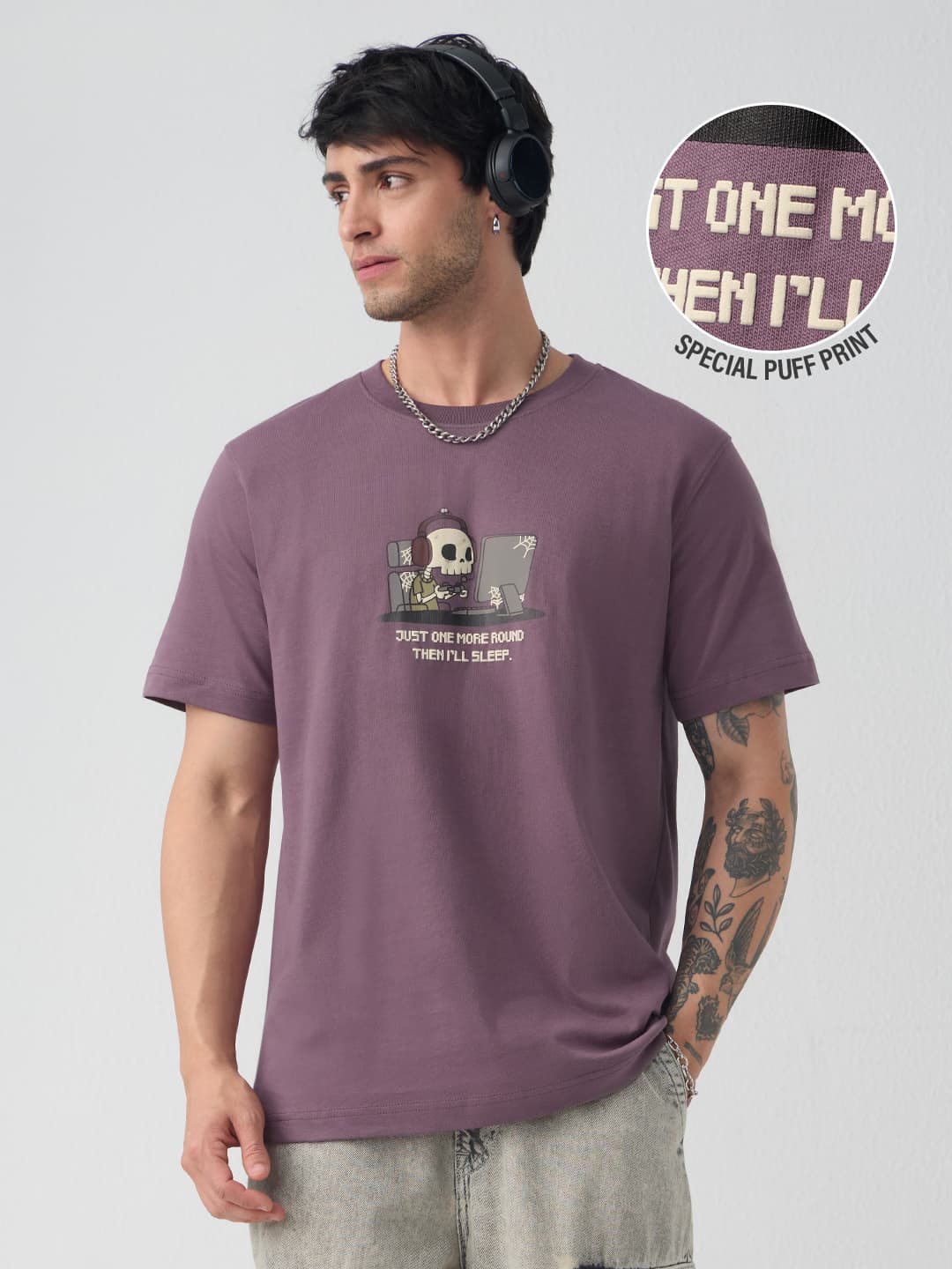 Men's Purple Casual Graphic Regular Fit Half Sleeves Tshirt