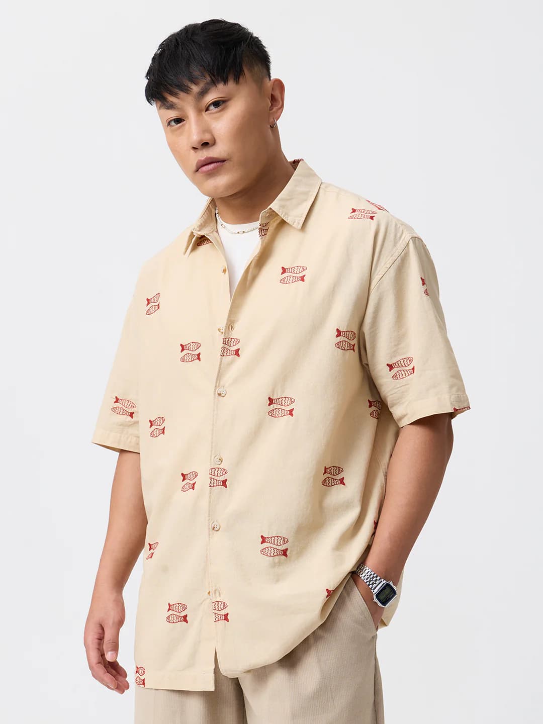 Men's Beige Casual Printed Regular Fit Half Sleeves Cotton Shirt