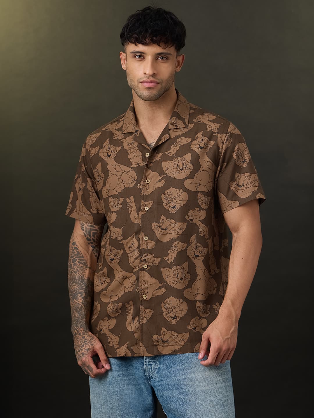 Men's Brown Casual Printed Regular Fit Half Sleeves Shirt
