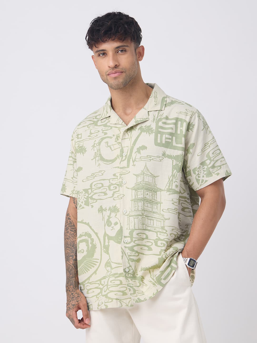Men's Green Casual Printed Regular Fit Half Sleeves Shirt