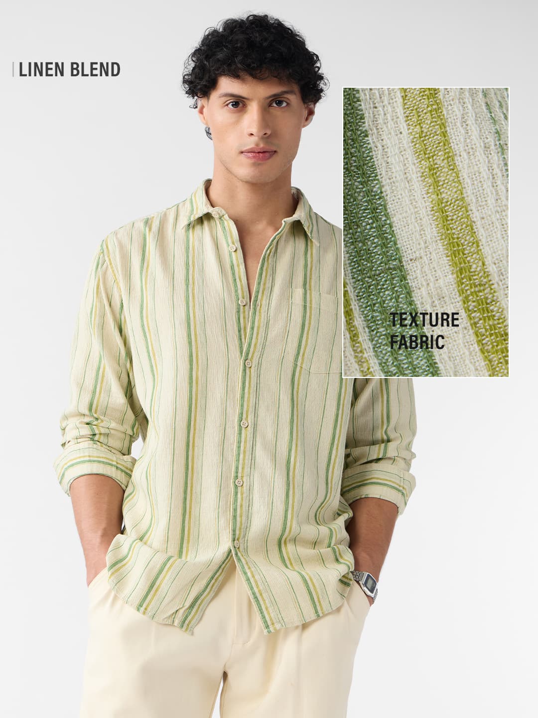 Men's Green Casual Striped Regular Fit Full Sleeves Linen Shirt
