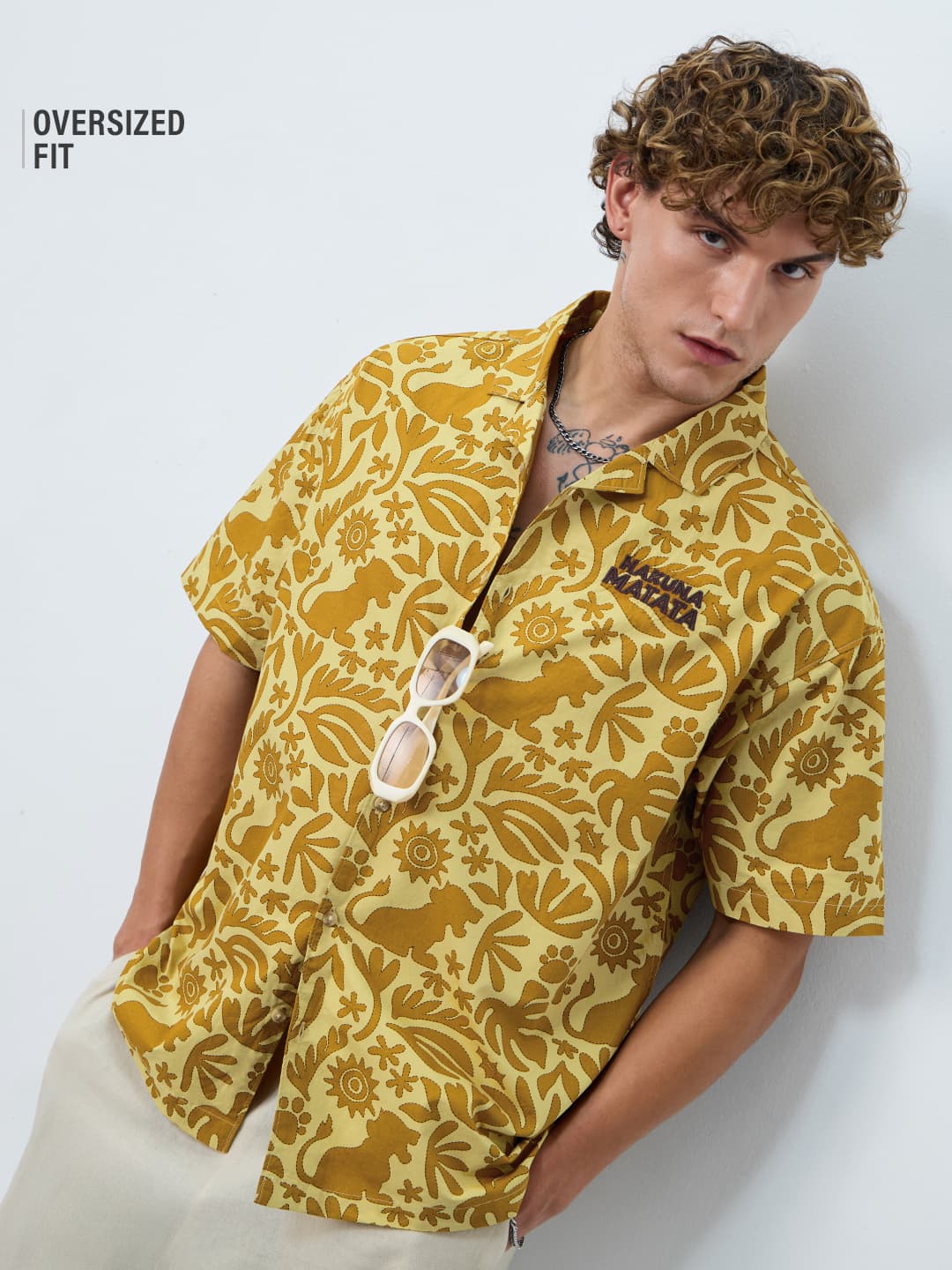 Men's Yellow Casual Printed Oversized Fit Half Sleeves Shirt