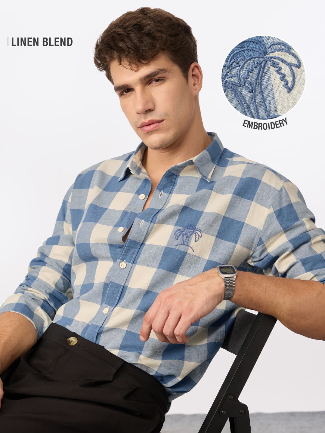Men's Blue Casual Checked Regular Fit Full Sleeves Linen Shirt