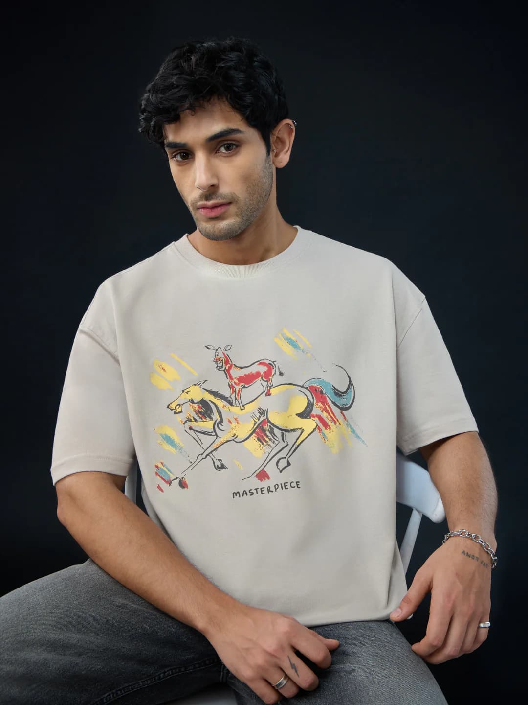 Men's Off White Casual Graphic Oversized Fit Half Sleeves Tshirt