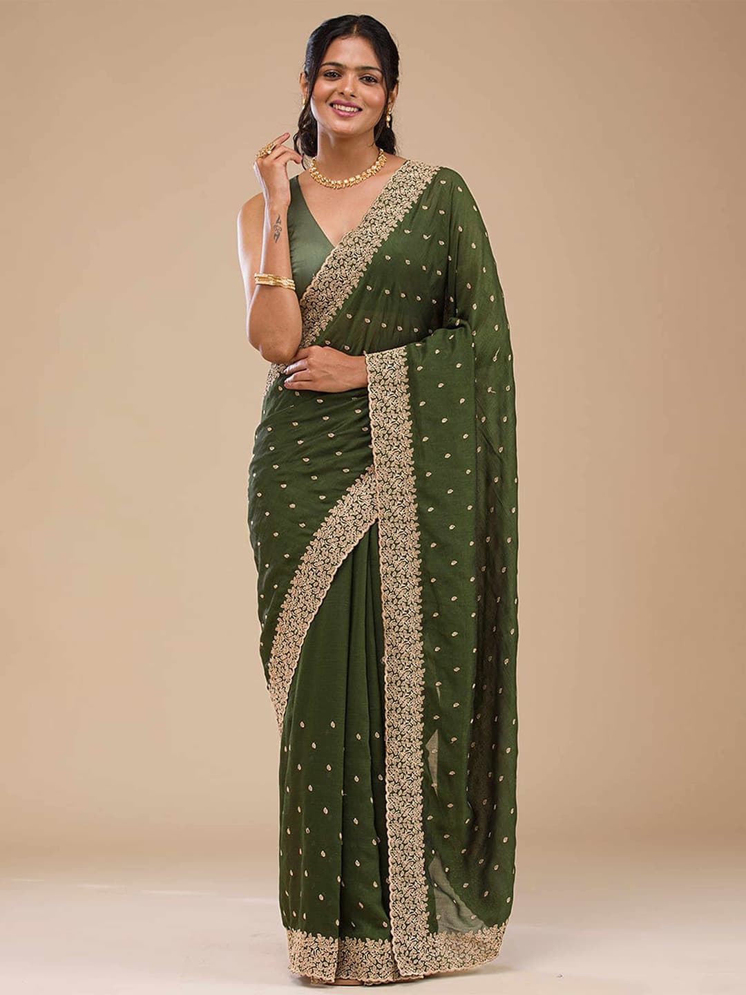 Women's Green Floral Embroidered Vichitra Silk Saree with Unstitched Blouse Piece