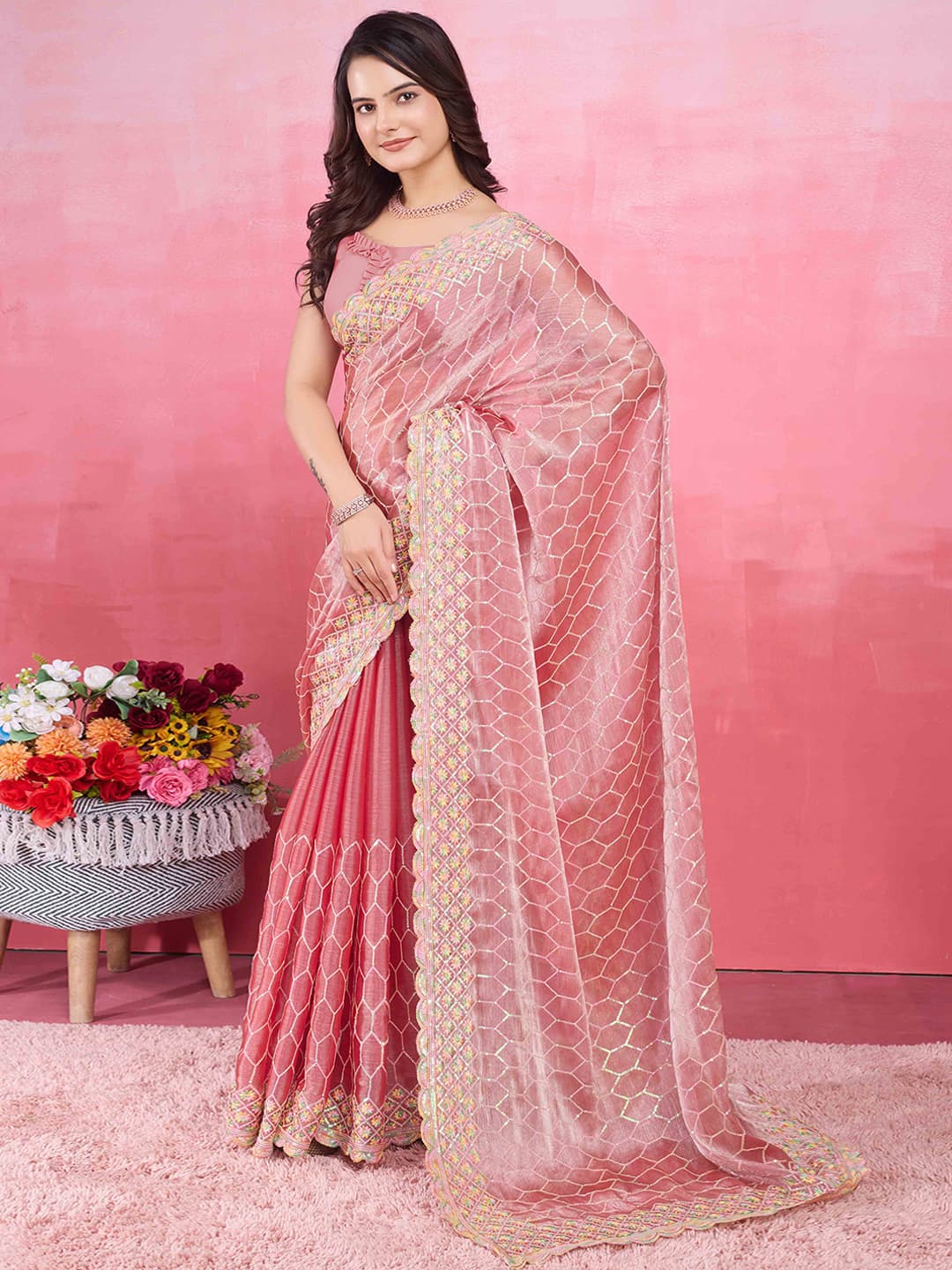 Women's Gajari Pink Floral Sequins Embroidered Mulberry Silk Saree with Unstitched Blouse Piece