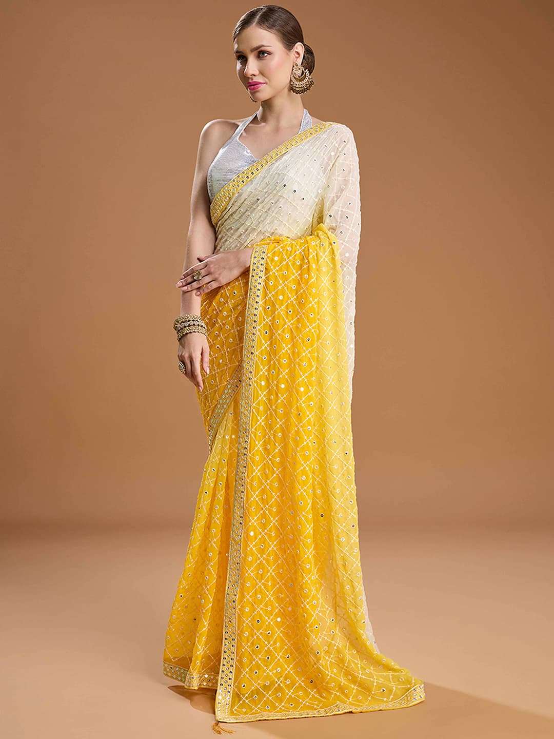 Women's Yellow Sequins Embellishments Georgette Saree with Unstitched Blouse Piece