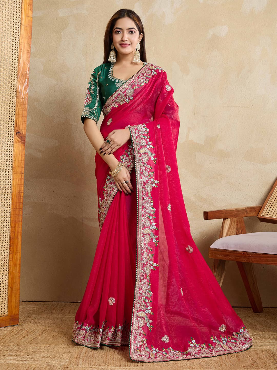 Women's Pink Floral Embroidery Chiffon Saree with Unstitched Blouse Piece