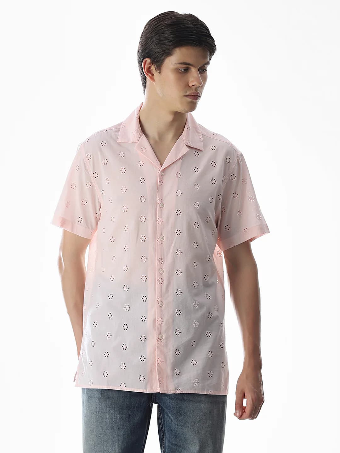 Men Pink Casual Half Sleeves Cotton Shirt