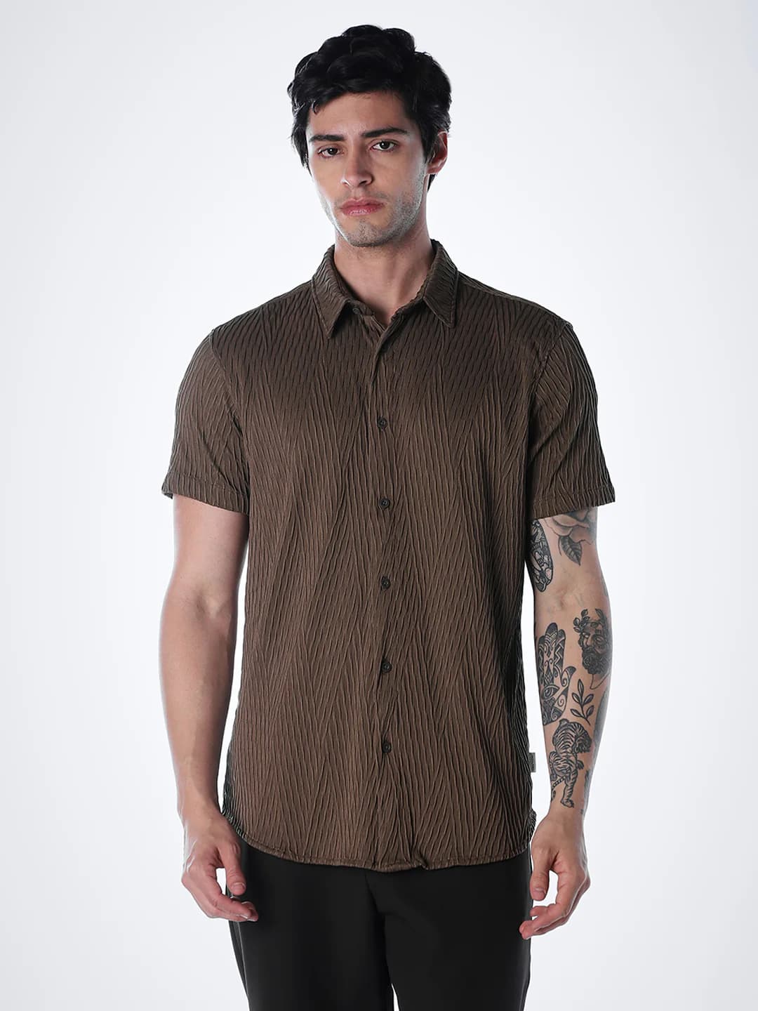 Men Brown Casual Half Sleeves Shirt