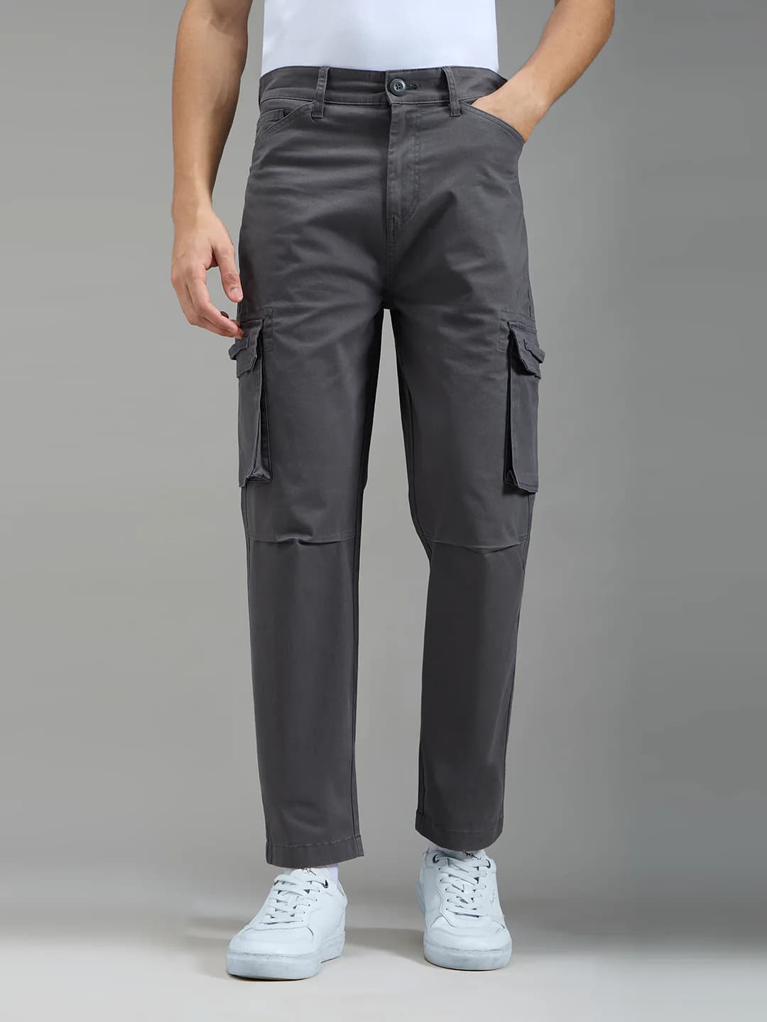 Men's Grey Casual Straight Fit Mid Rise Cargos