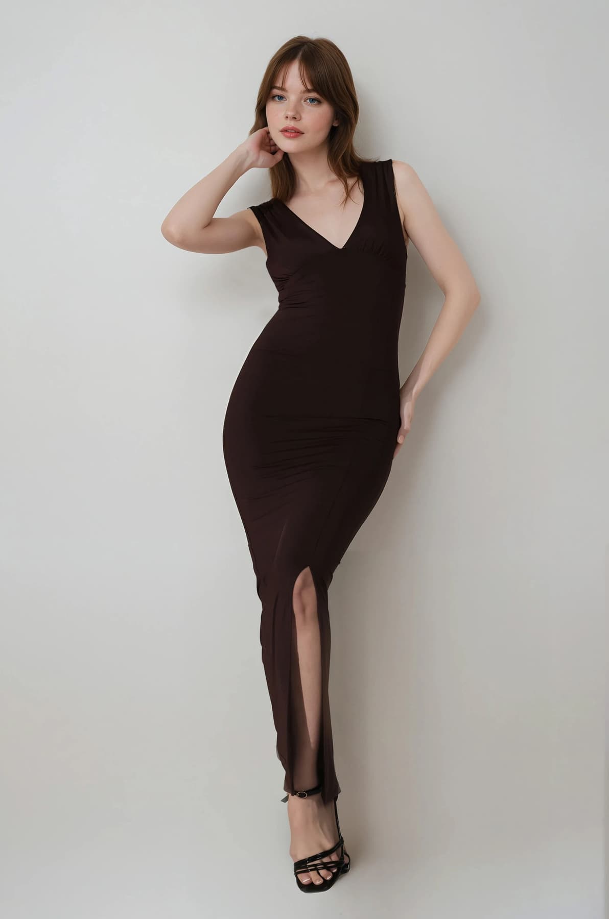 Women's Brown Casual Solid V-Neck Maxi Length Dress