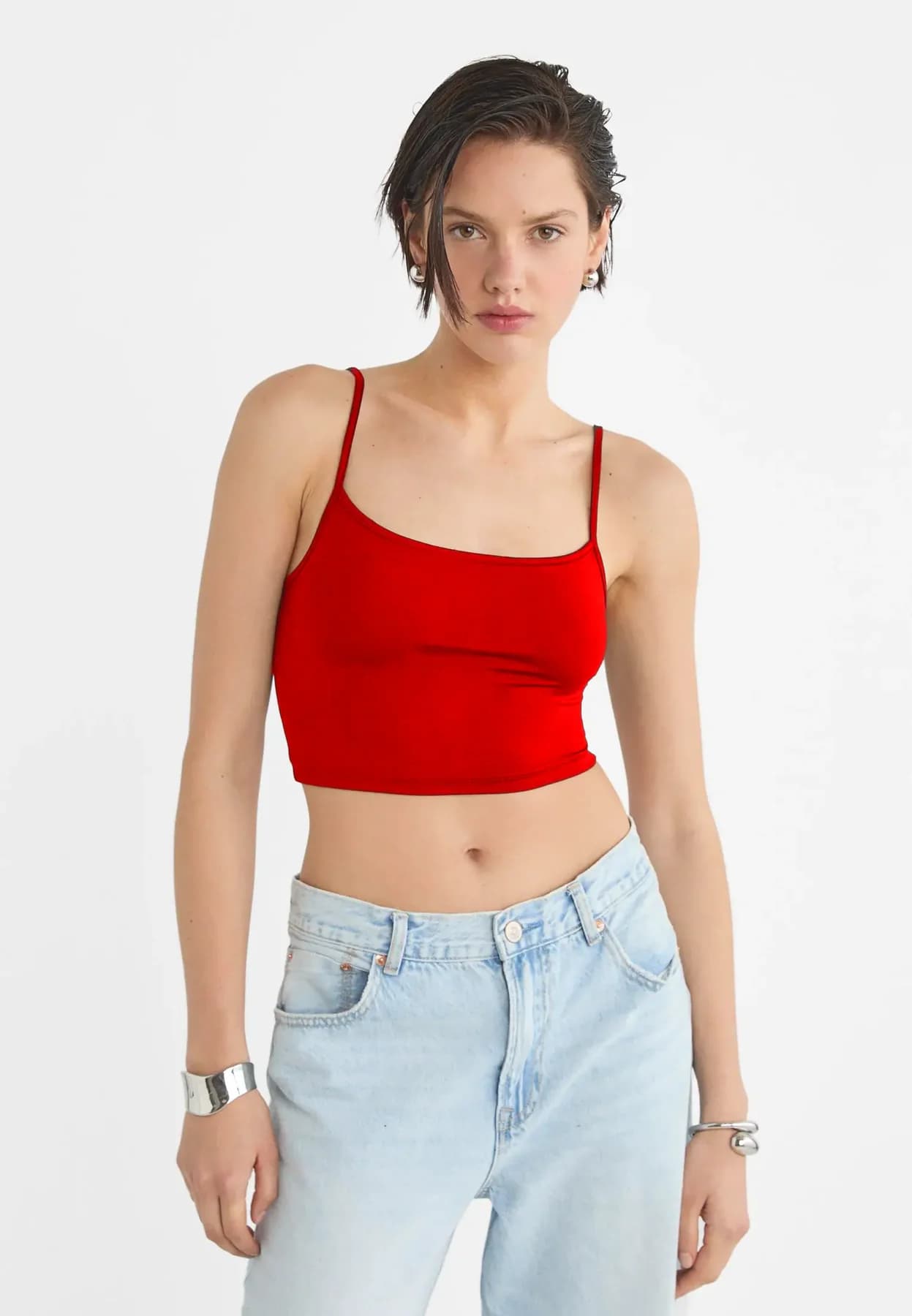 Women's Red Casual Solid Square Neck Strappy Crop Top