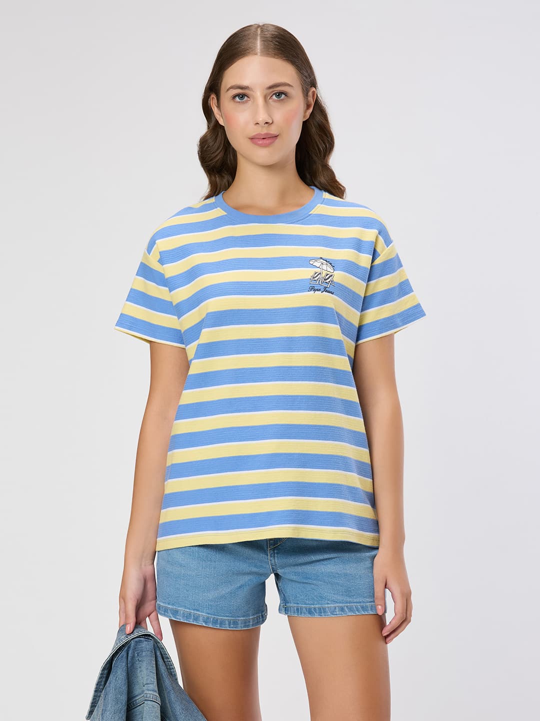 Women's Blue Casual Half Sleeves Striped Tshirt