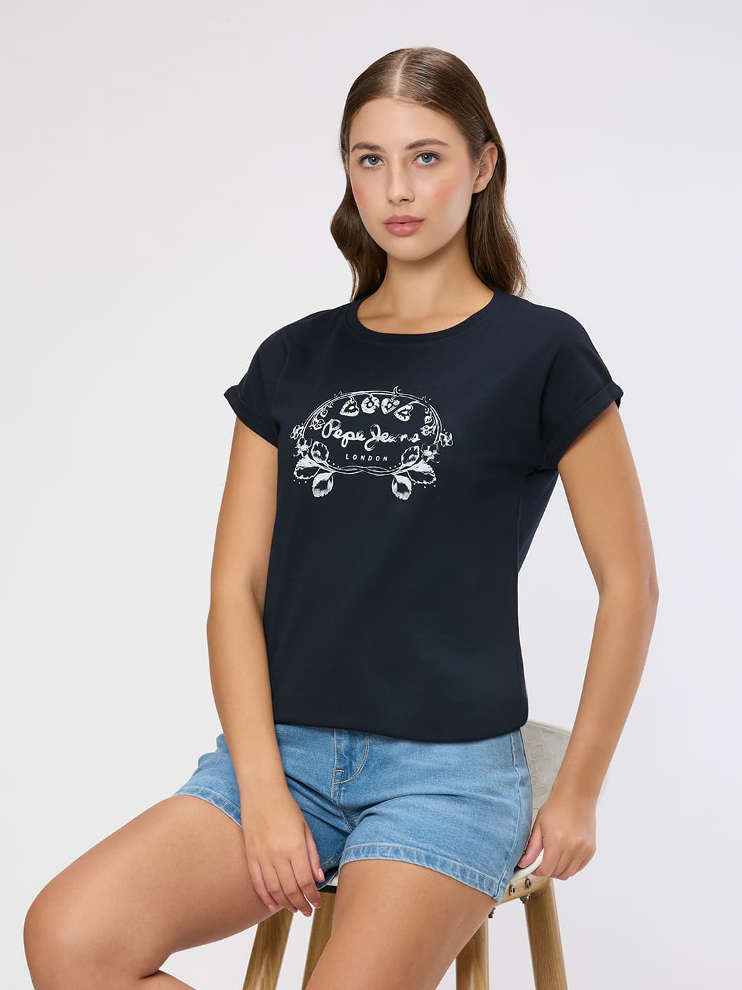 Women's Navy Casual Half Sleeves Graphic Tshirt