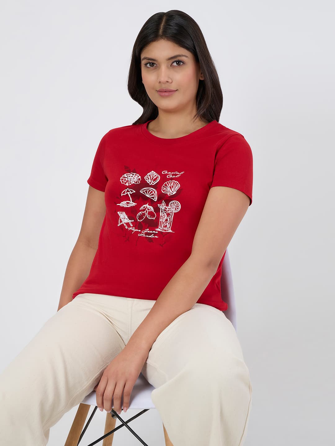 Women's Red Casual Half Sleeves Graphic Tshirt