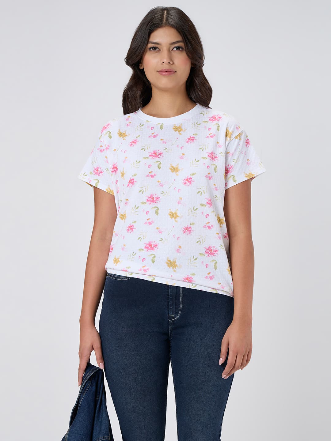 Women's Pink Casual Half Sleeves Floral Tshirt