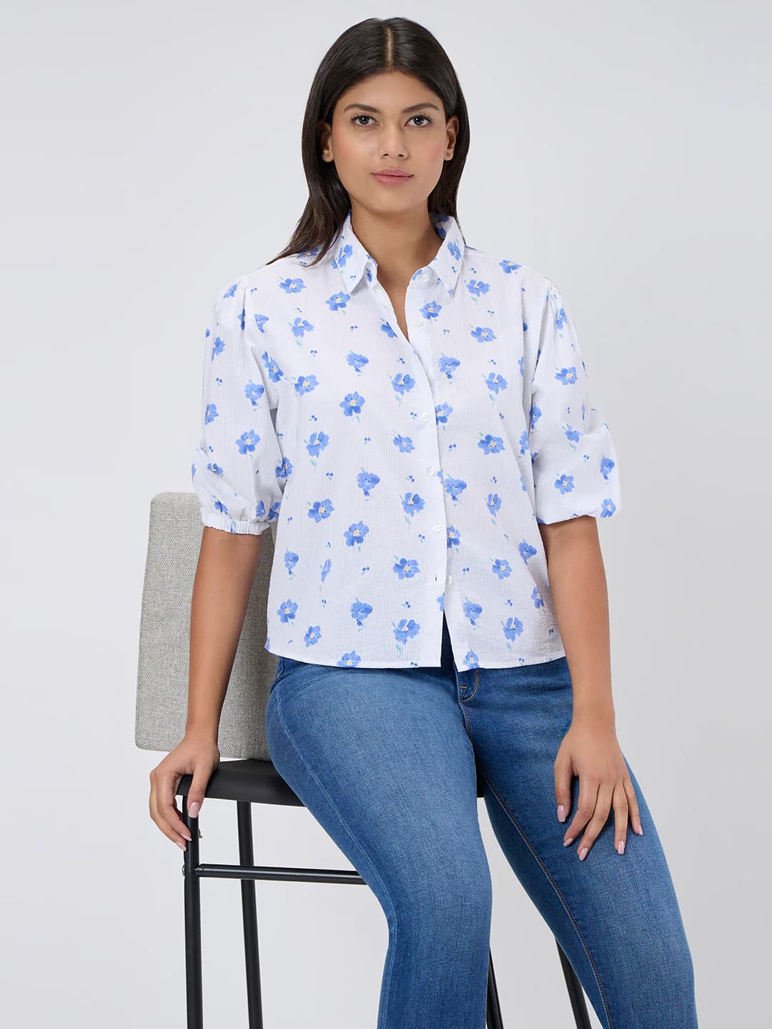Women's Blue Casual Three Quarter Sleeves Floral Shirt