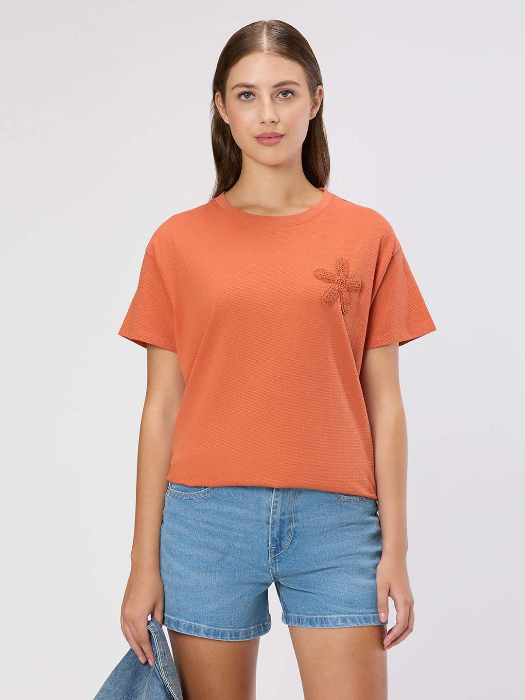 Women's Orange Casual Half Sleeves Tshirt