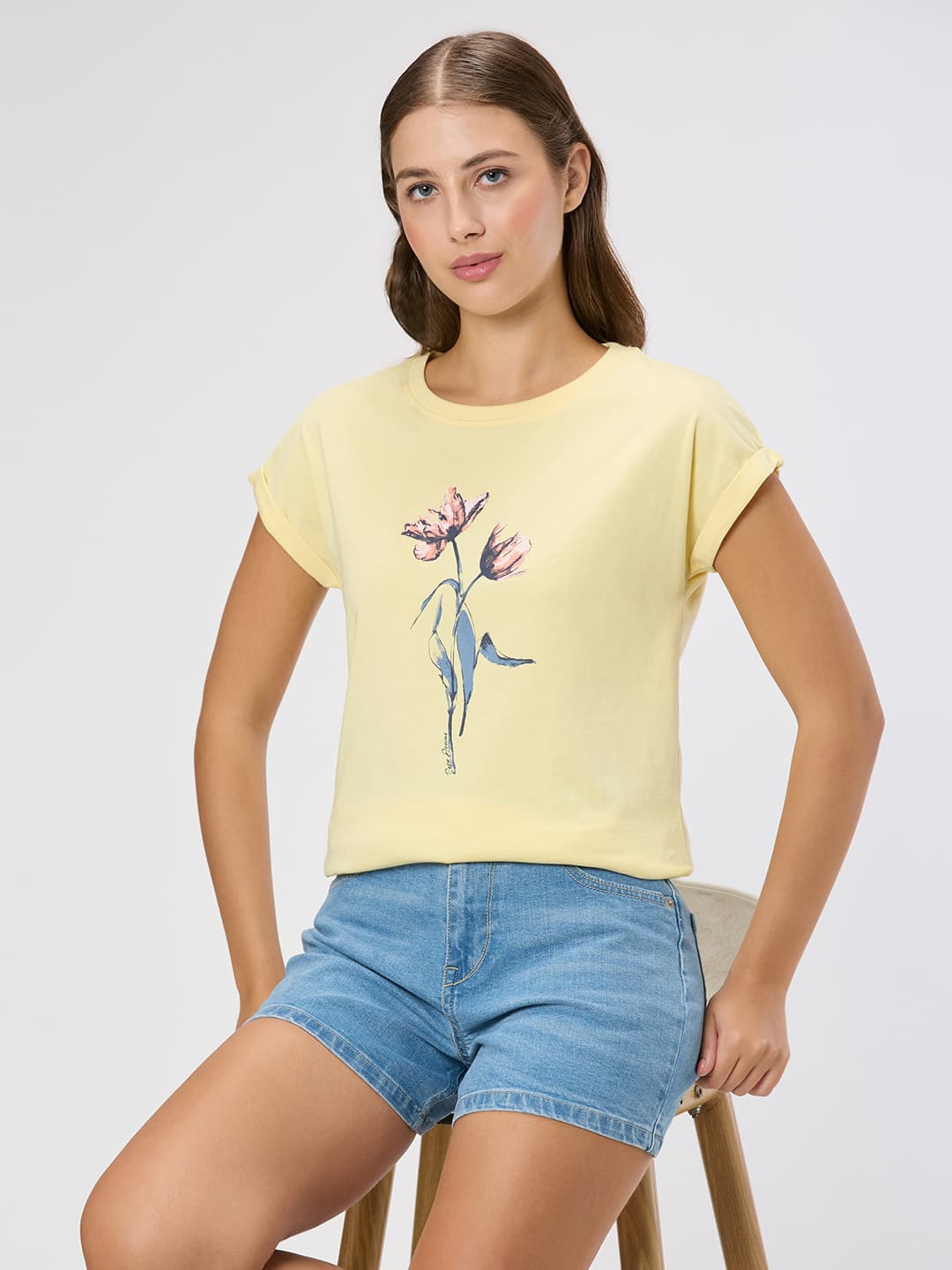 Women's Yellow Casual Half Sleeves Graphic Tshirt