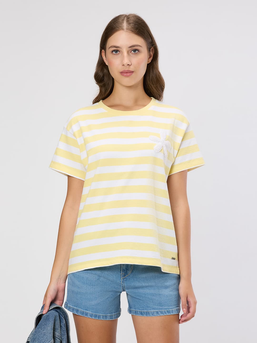 Women's Yellow Casual Half Sleeves Striped Tshirt