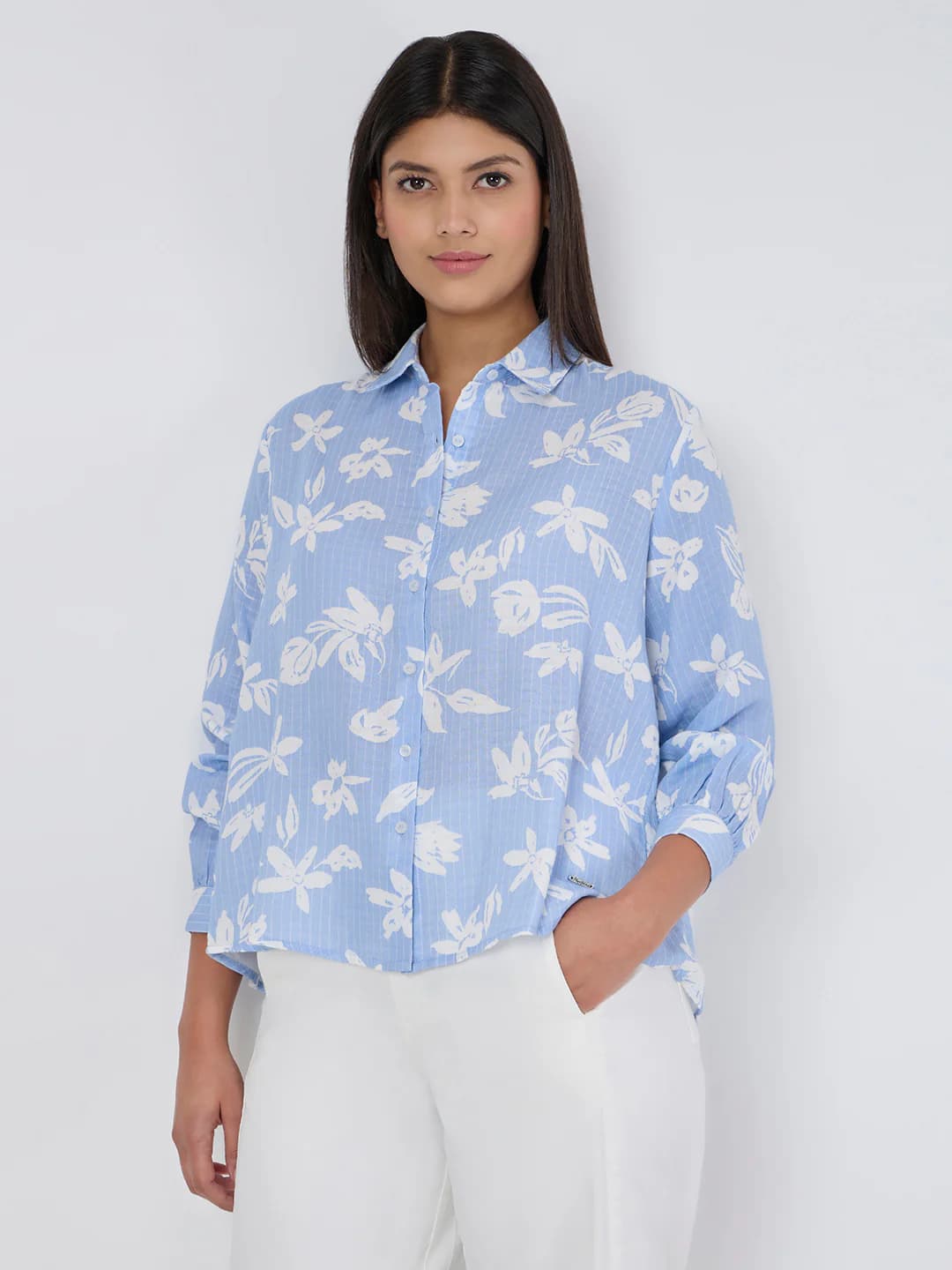 Women's Blue Casual Full Sleeves Floral Shirt