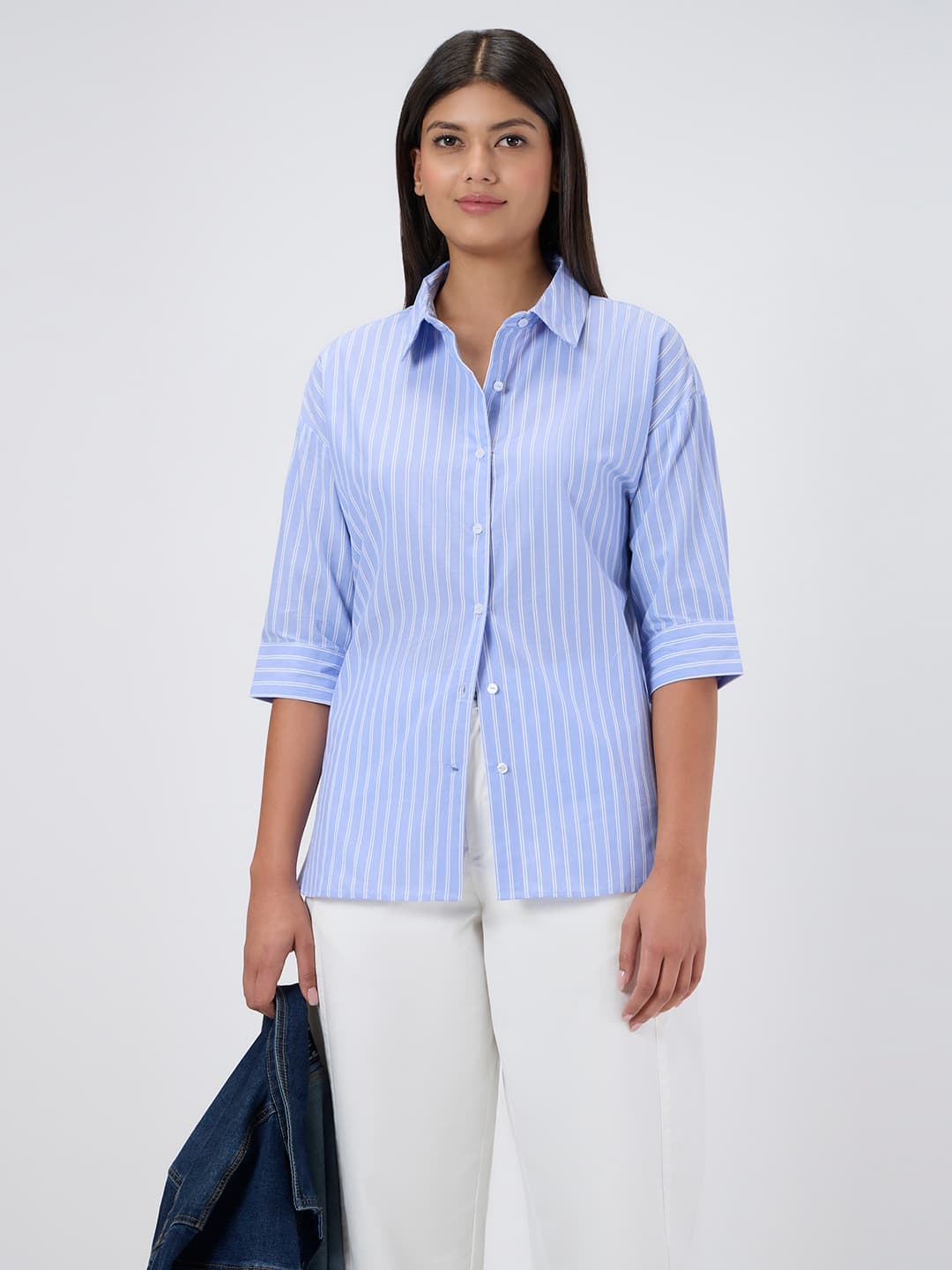 Women's Blue Casual Three Quarter Sleeves Striped Shirt