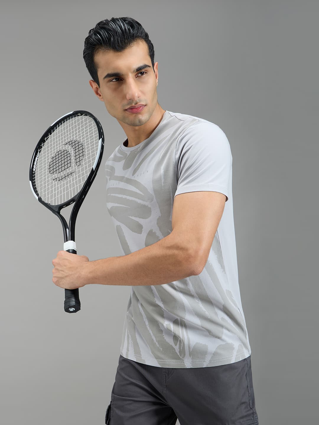 Men's Grey Casual Half Sleeves Abstract Tshirt