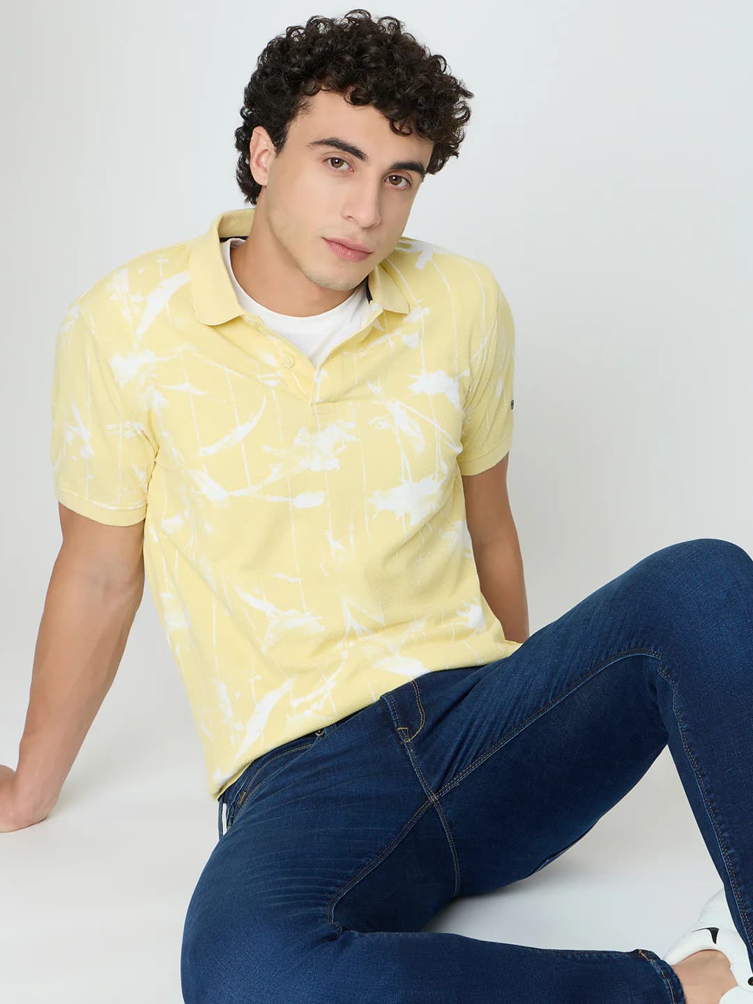 Men's Yellow Casual Half Sleeves Printed Polo Tshirt