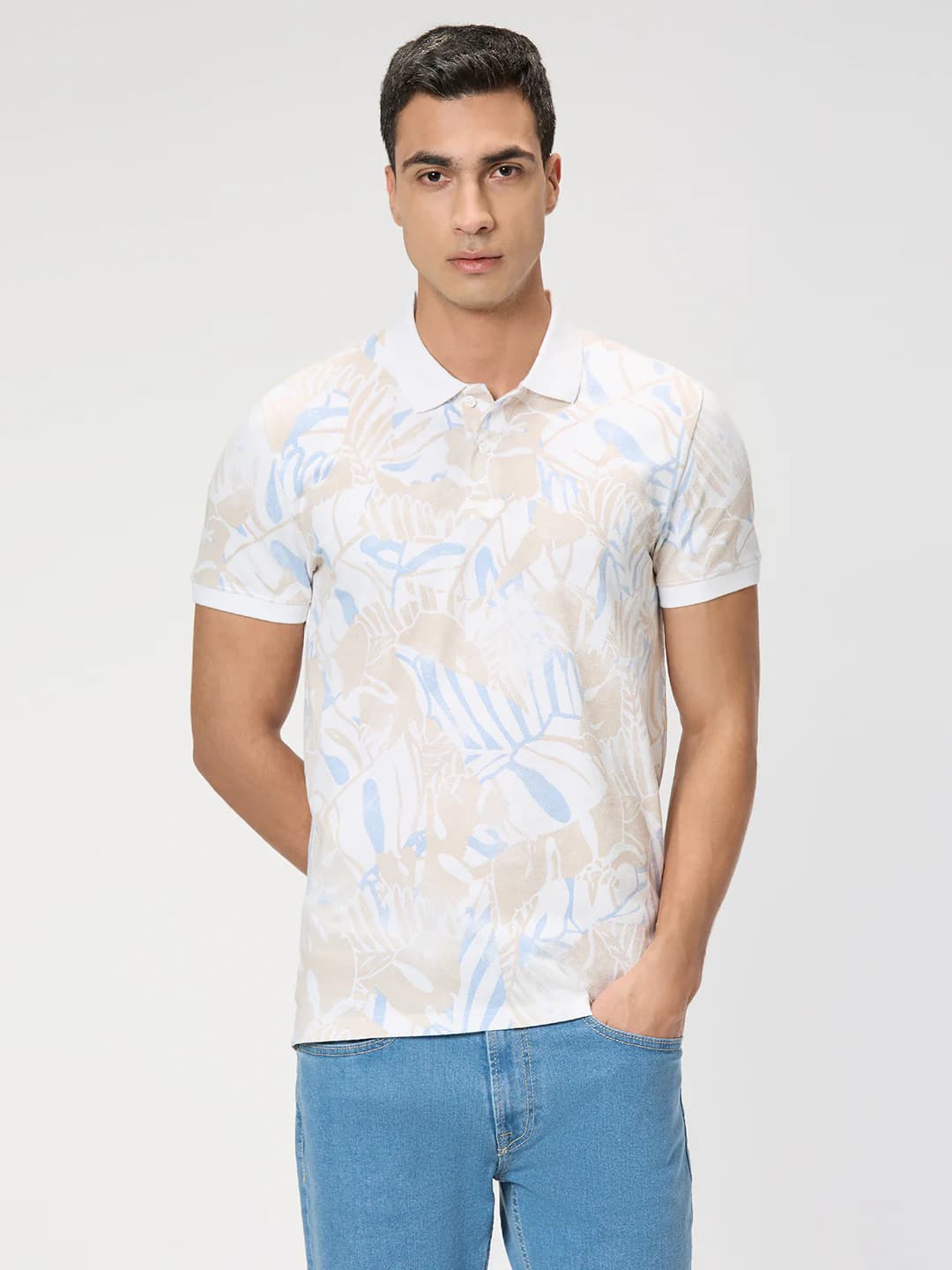 Men's White Casual Half Sleeves Printed Polo Tshirt