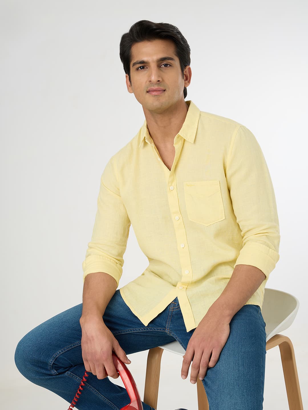 Men's Yellow Casual Full Sleeves Solid Linen Shirt