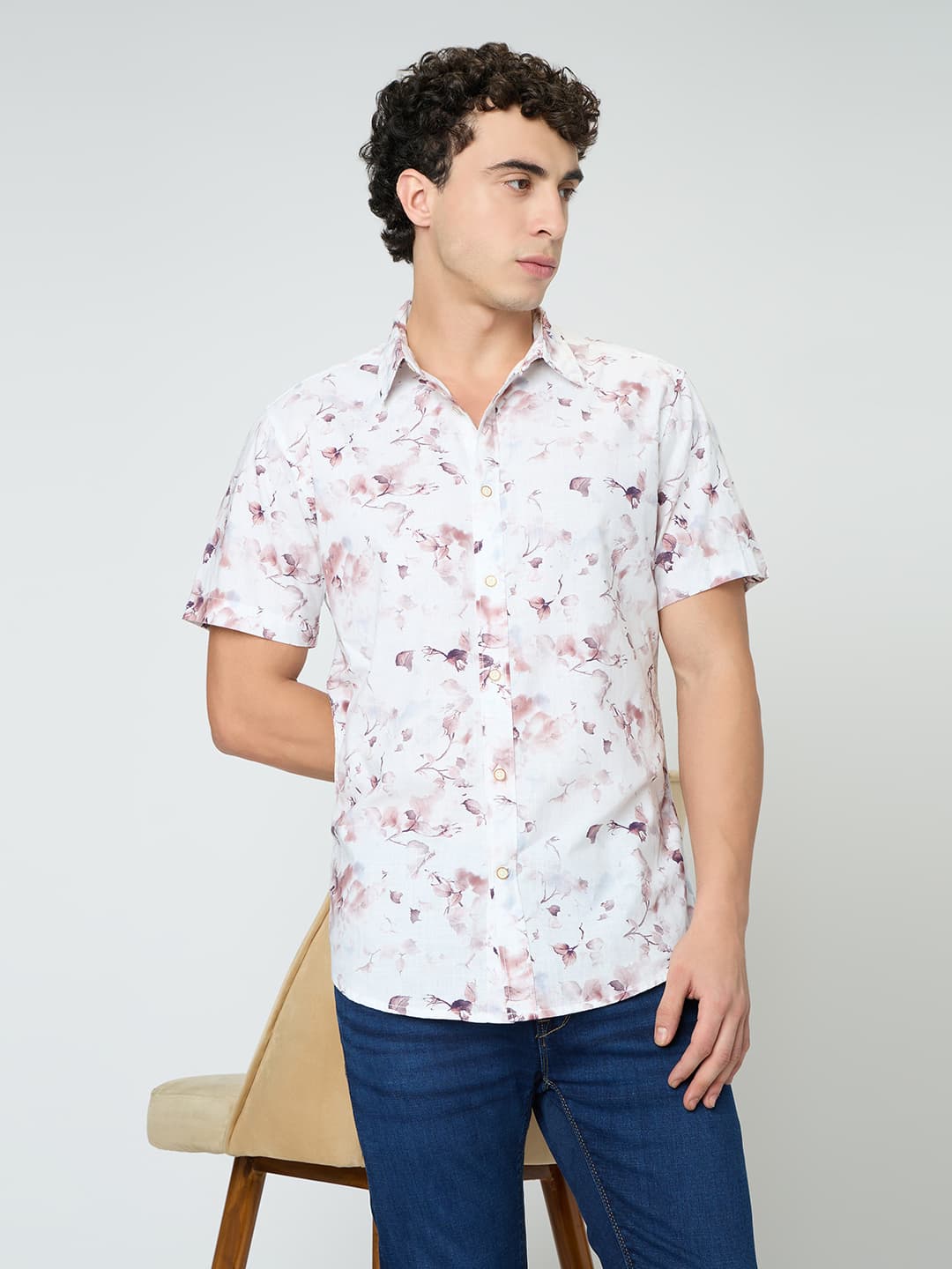 Men's Orange Casual Half Sleeves Printed Cotton Shirt