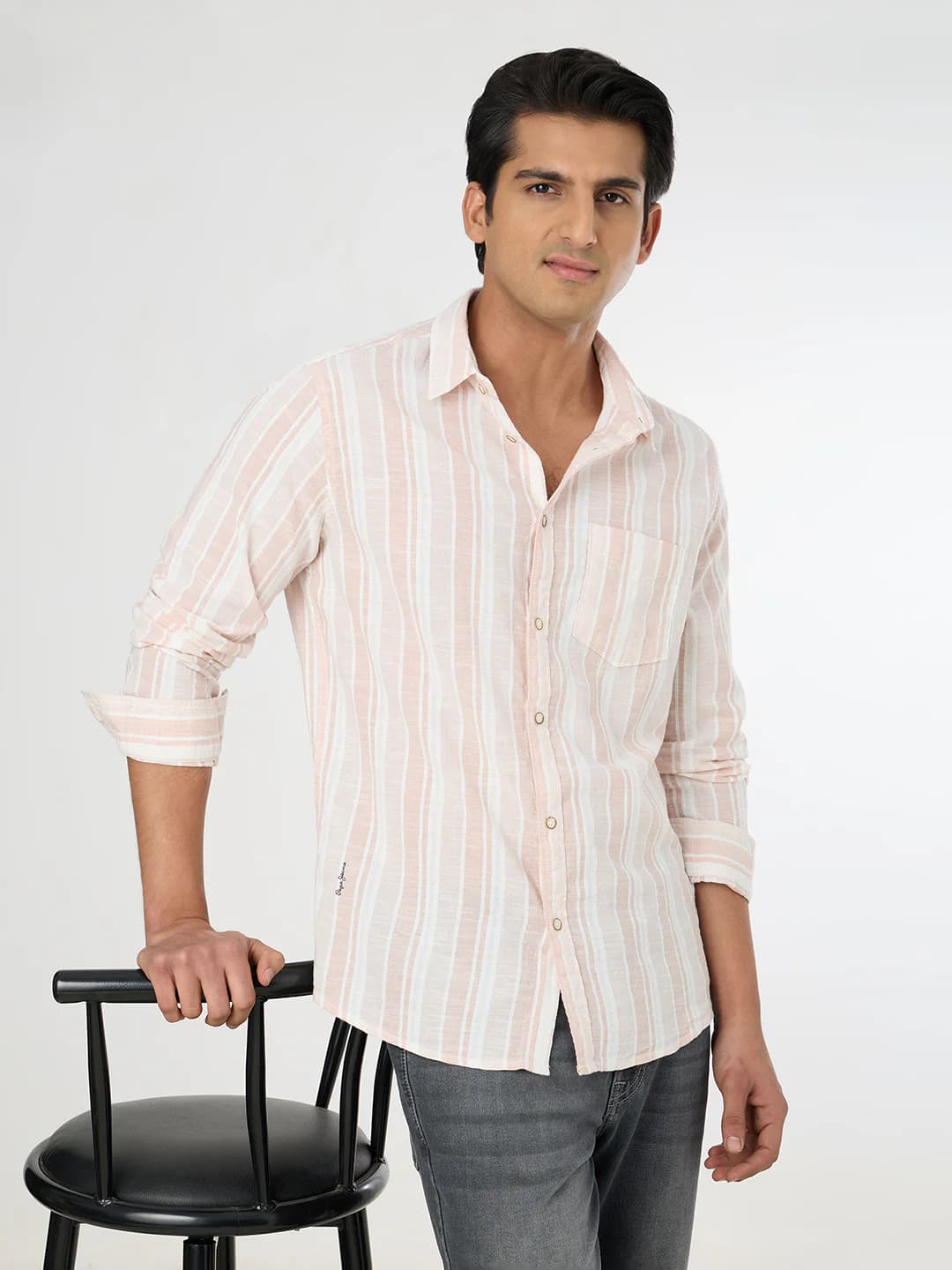 Men's Orange Casual Full Sleeves Striped Cotton Shirt