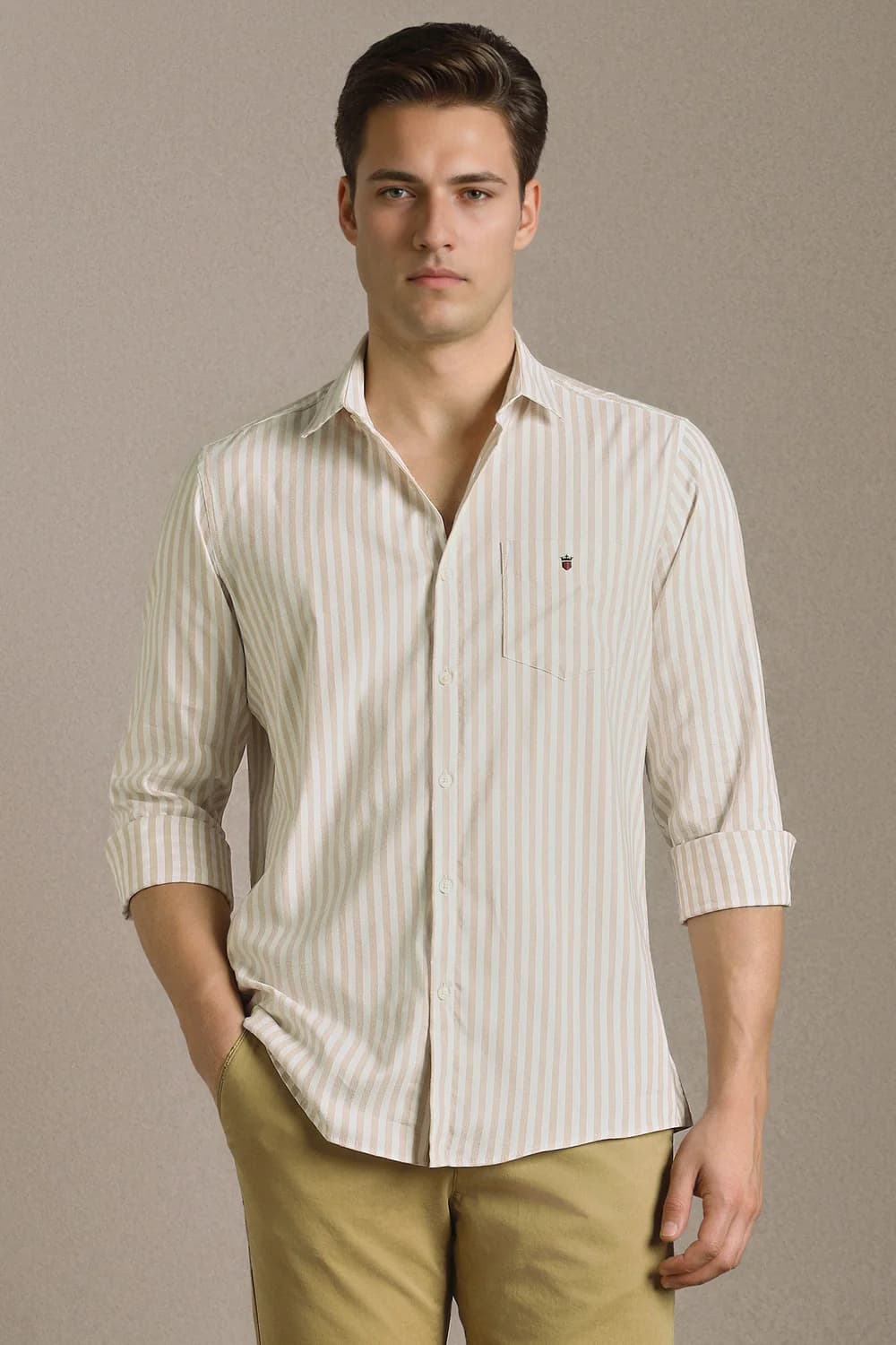 Men's Beige Casual Striped Cotton Shirt
