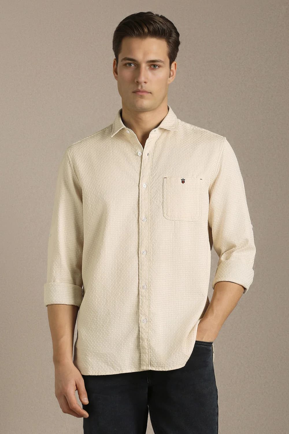 Men's Beige Casual Textured Cotton Shirt